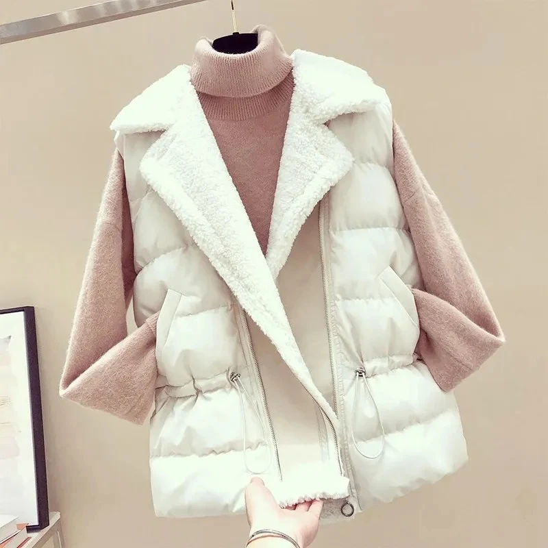 

Winter Faux Lamb Fur Coat Spring Autumn Cotton Turn Down Collar Vest Loose Fur Female Vest Winter Slim Waist Warm Waistcoat