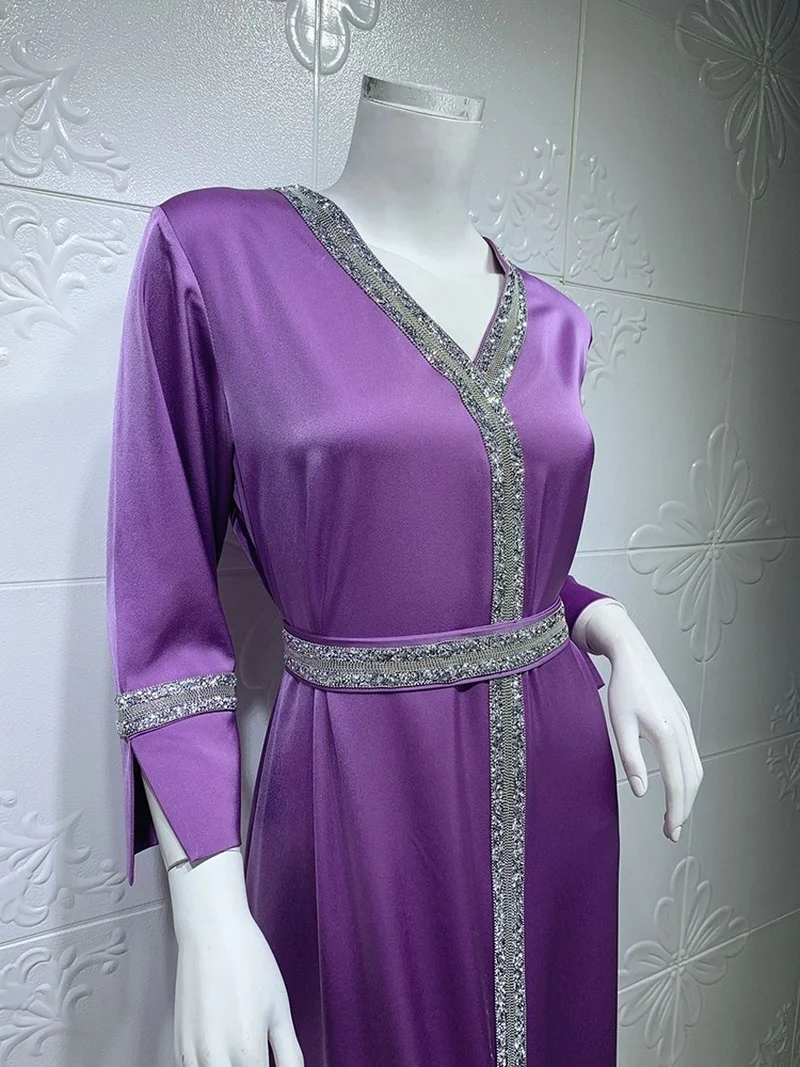 Eid Satin Abaya Dress Jalabiya for Women Elegant Diamonds Belt V Neck Muslim Kaftan Arabic Dubai Turkey Morrocan Clothing Blue