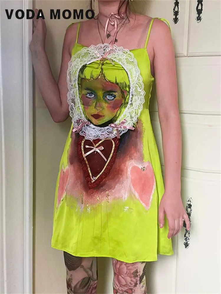 

Y2K дизайнерское эстетичное мини-платье без рукавов с открытой спиной облегающее Клубное Женское Платье трапециевидного силуэта на бретелях-спагетти с принтом атласные кружевные платья