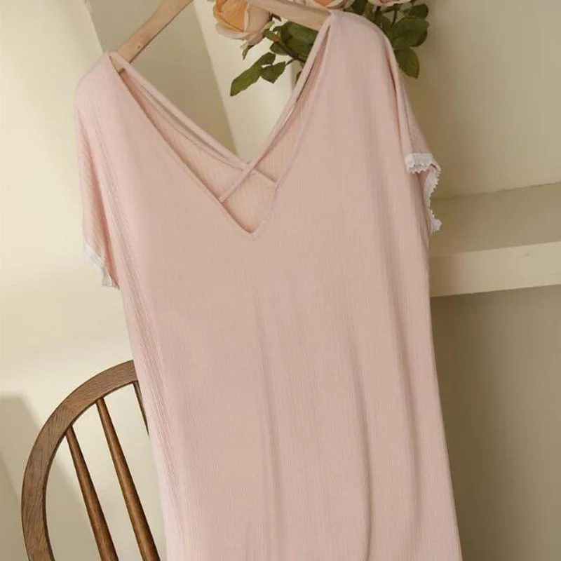 Summer Women Nightdress V-neck Lace Sexy One-piece Sleepwear Short Sleeveless Nightgown