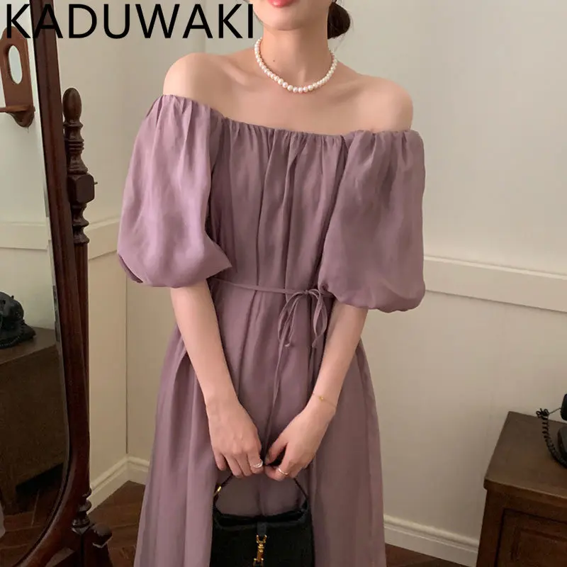 

short puff Sleeveless solid Dress Female square collar slim waist Midi Dresses Elegant slash neck off-the-shoulder Beach Robe
