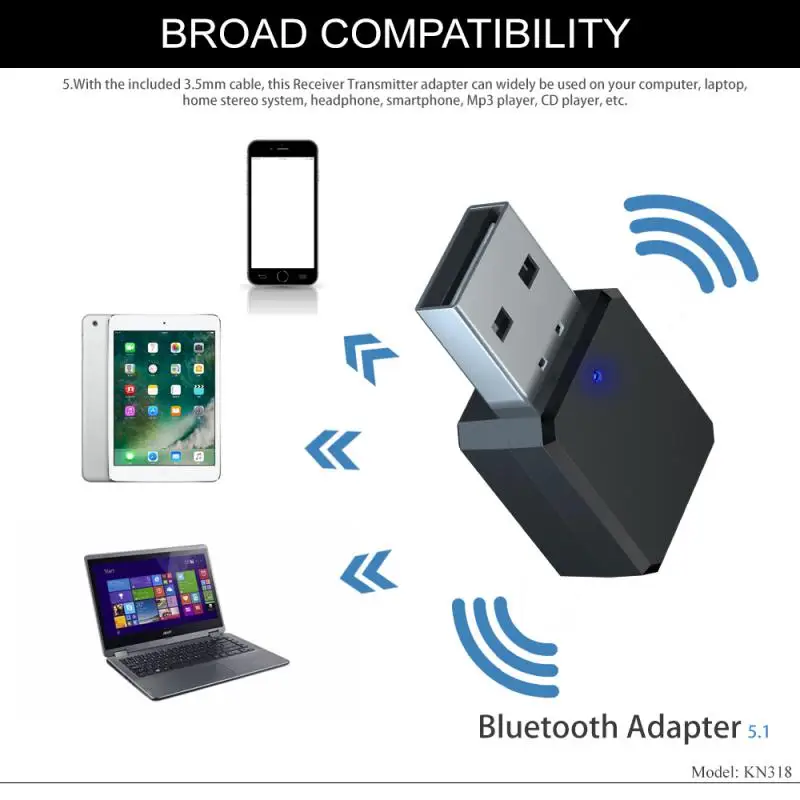 

Аудиоприемник KN318, Bluetooth 5,1, двойной выход, AUX, USB, стерео, автомобильный беспроводной адаптер громкой связи, видеоприемник, аудиоадаптер