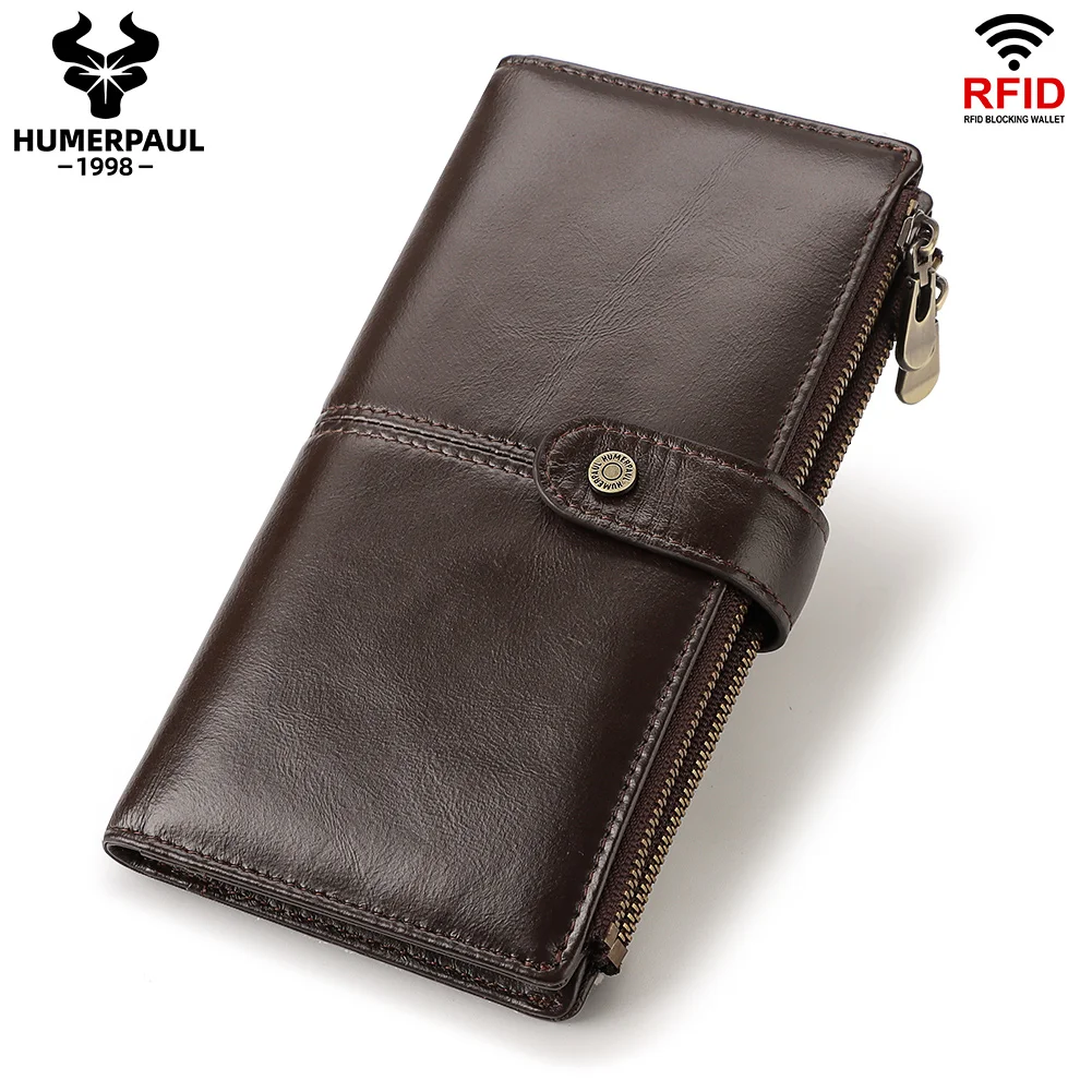 

HUMERPAUL Genuine Leather Wallet Men with Coin Pocket Large Capcity Long Purse Cell Phone Bag RFID Card Holder Vintage Portfel