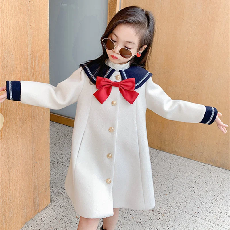 

Girls Woolen Coat Jacket Outwear 2022 Bow Plus Thicken Spring Autumn Cotton Overcoat Comfortable Teenagers Tops Children's Cloth
