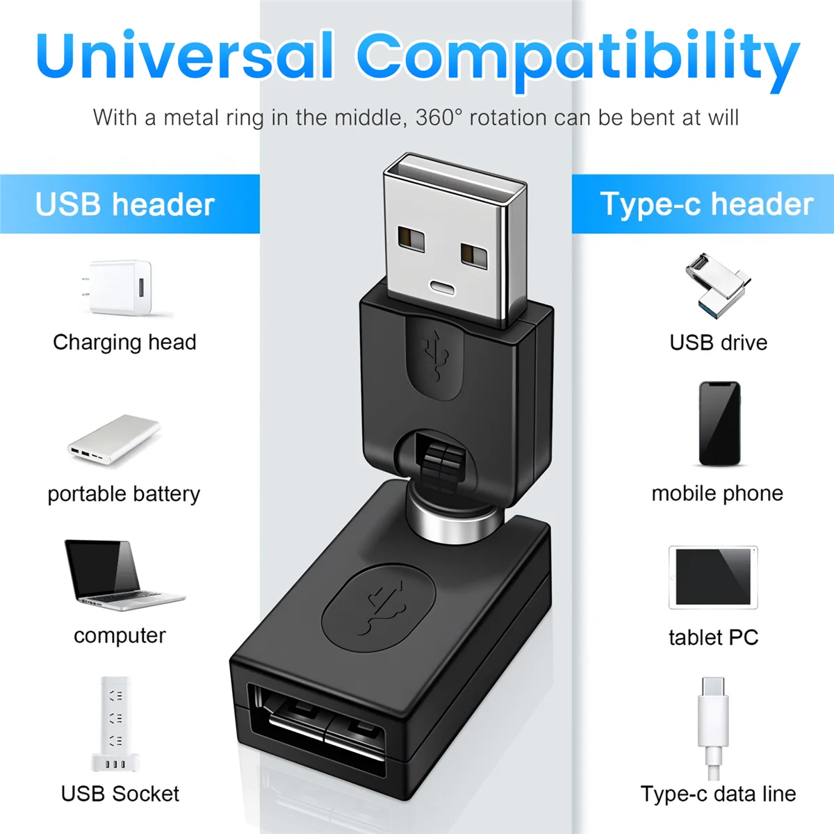 Черный адаптер USB 2.0 папа на мама с углом поворота 360 градусов