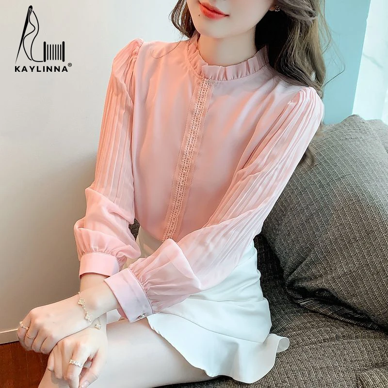 KAYLINNA Fashion Pink Loose Office Lady Button Blouse Women Casual Shirts Long Sleeves Female Woman Blouses Chiffon Shirt Tops