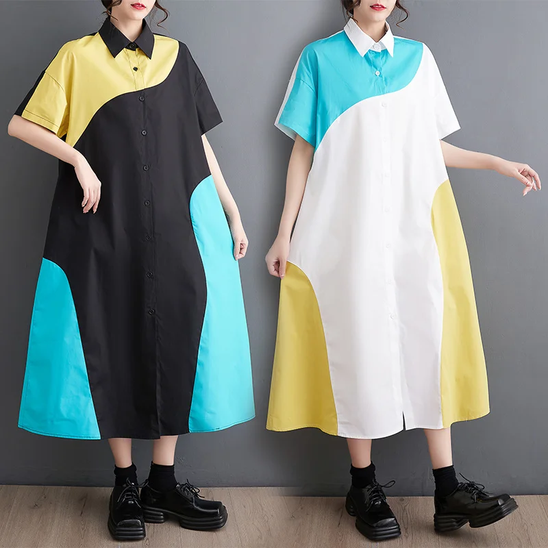 

#3602 Summer Black White Shirt Dress Women Loose Spliced Color Midi Dress Pockets Front Button Shirt Dress Female Korean Style