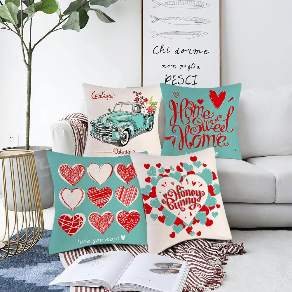 

4pcs Throw Pillow Cases Heart-shaped Printed Anniversary Wedding Cushion Cover For Valentine Day 18x18in