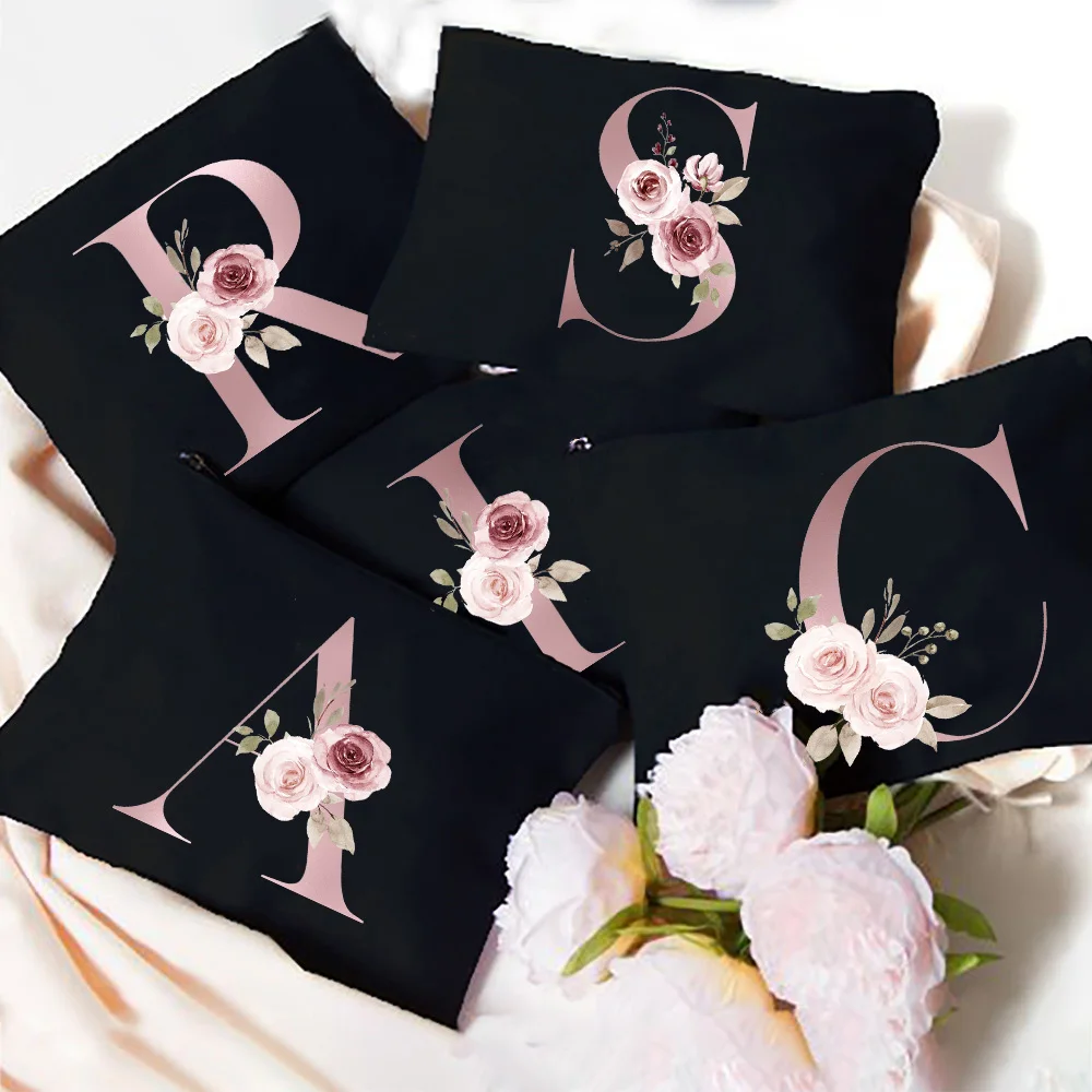 Floral Initial Print Makeup Bag Bridesmaid Makeup Bags  Bridal Party Cosmetic Pouch Travel Necessaries Women Purse Wedding Gifts