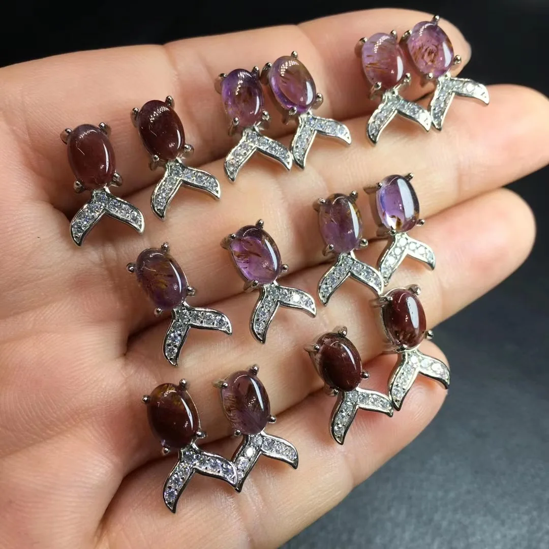 

1 Pair Fengbaowu Natural Purple Phantom Quartz Auralite 23 Oval Cabochon Earring Ear Stud 925 Sterling Silver Mermaid Tail