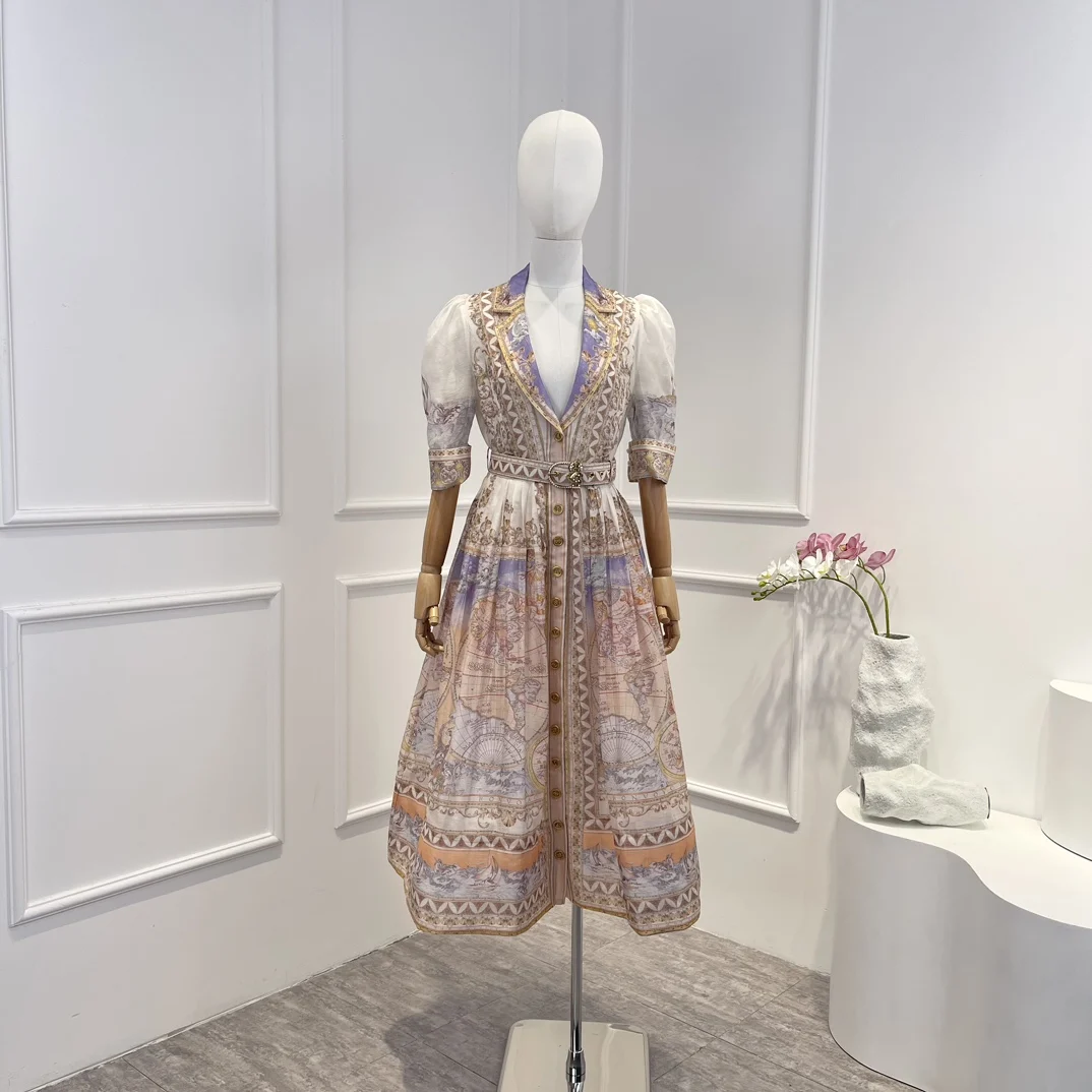 

Hot Sale Summer High Quality 2023 Short Sleeve V-neck World Map Printing Belt Vintage Dress Women