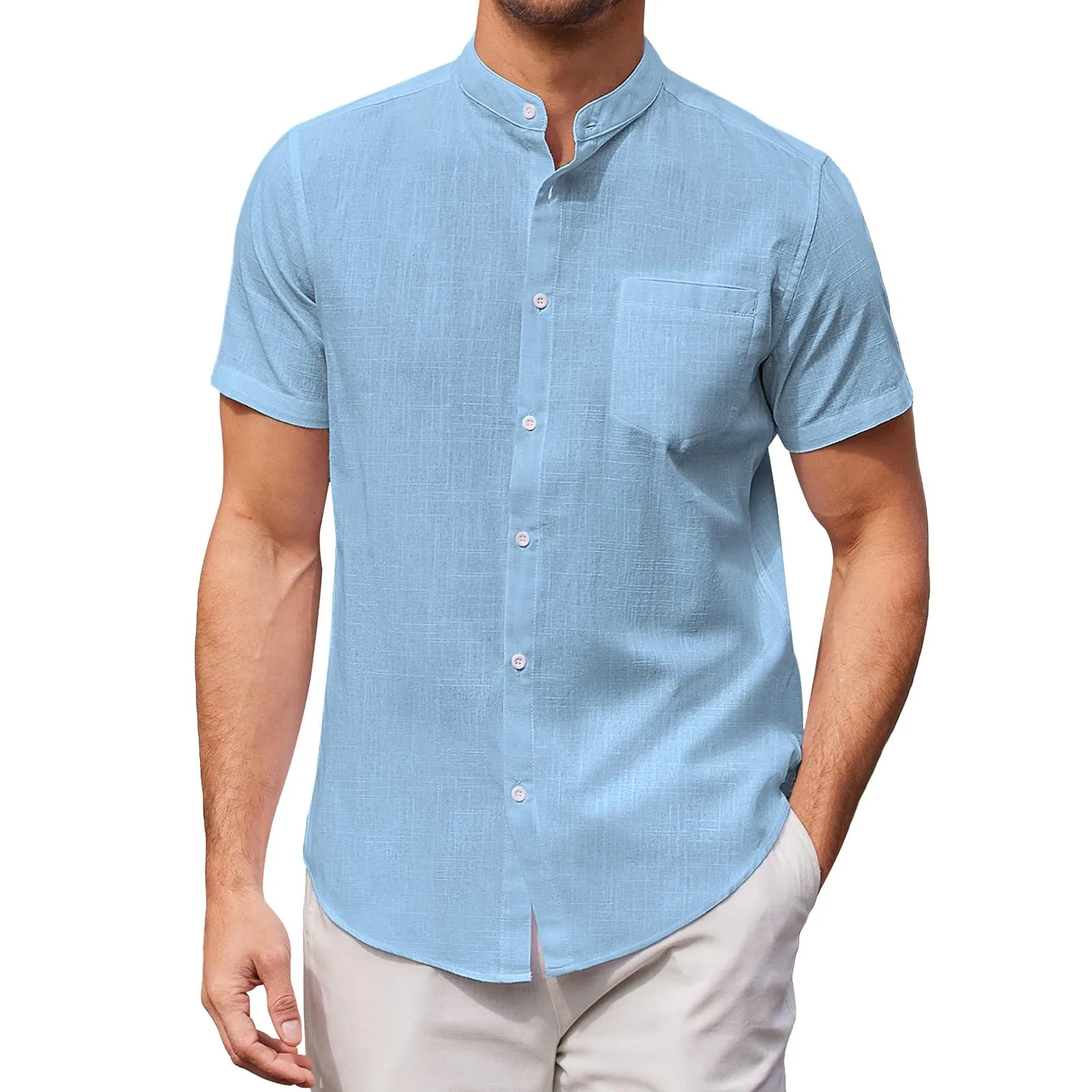 

Fashion Men's Shirt Solid Color Cotton And Linen Slim Tops Men Button Short Sleeve Tee Shirt Spring Summer Casual Shirt For Men