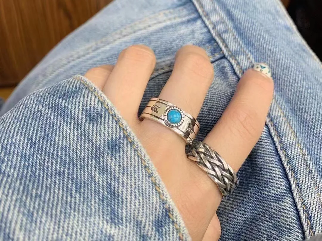 

Hot selling S925 Sterling Silver Retro fashion open adjustable man women Japanese seiko Indian teepee blue turquoise-cut ring