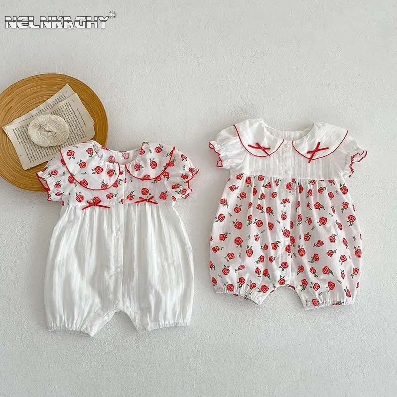 Summer New In Newborn Baby Girls Puff Sleeve Peter Pan Collar Patch Rose clothing Infant Kids Cotton Jumpsuits Bodysuits 유아복