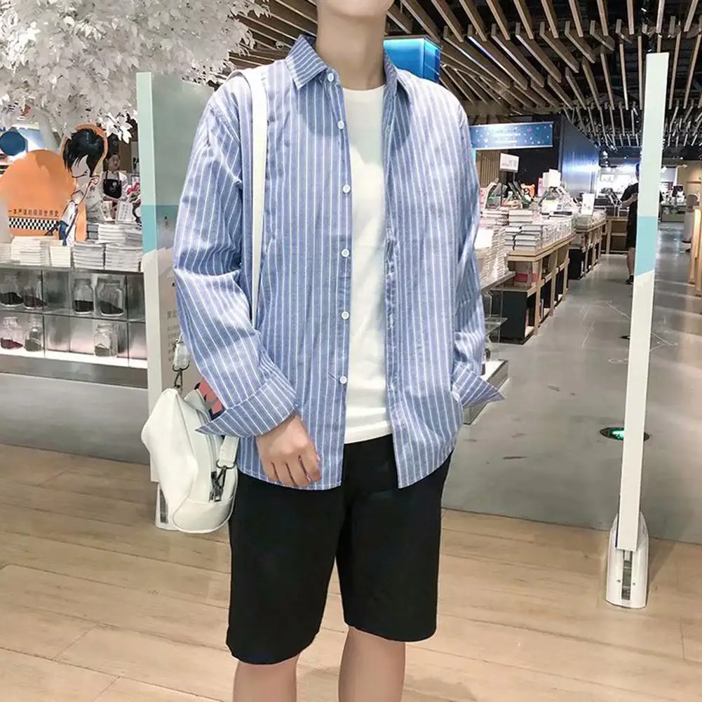 

Loose Summer Spring Men Blouse Long Sleeve Striped Fashion Lapel Collar T-Shirt Men Korean Loose Single Breasted Cardigan