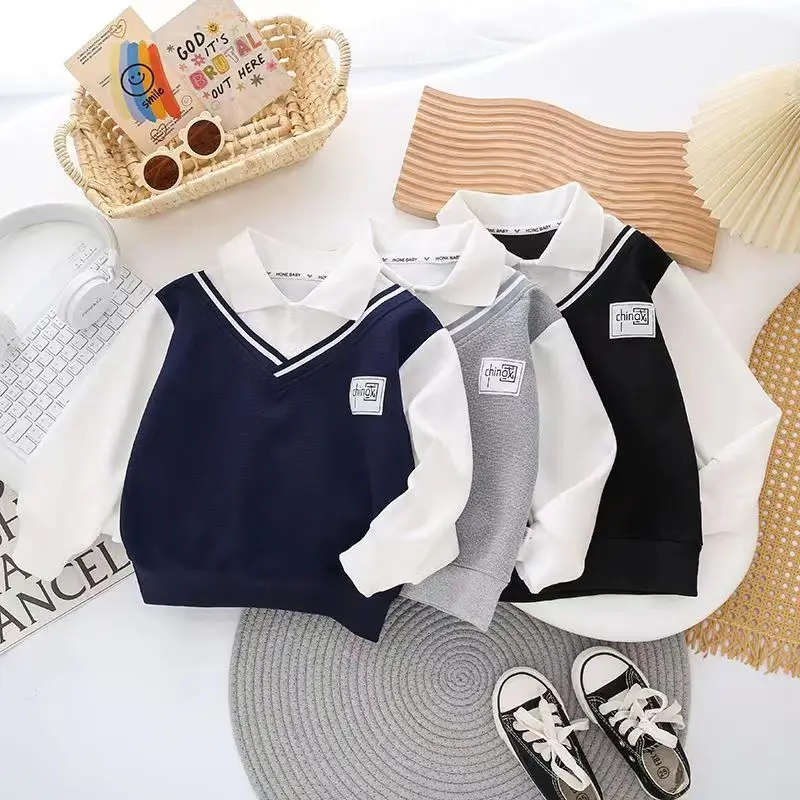 

Autumn and Winter Boys Sweater New Patchwork Outer Wear Polo Shirt Fashion British Style Medium and Large Baby Boy High-Profile