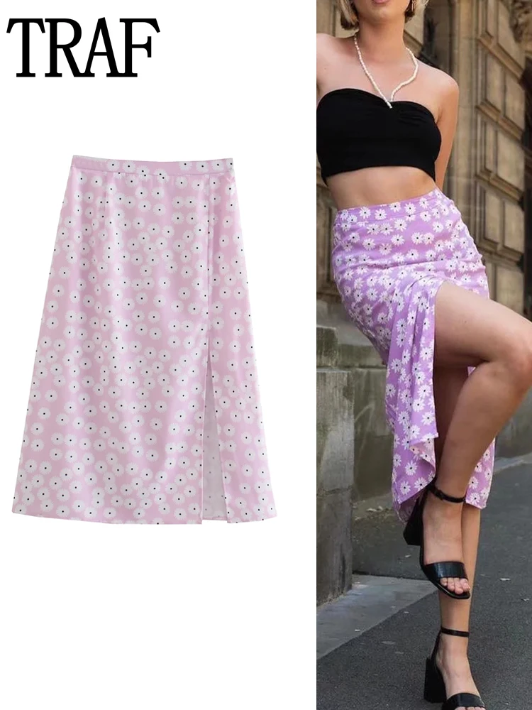 

TRAF Pink Floral Skirt 2022 Woman Skirts Split High Waist Skirt Women Y2K Summer Midi Skirt With Side Slit A-Line Long Skirts