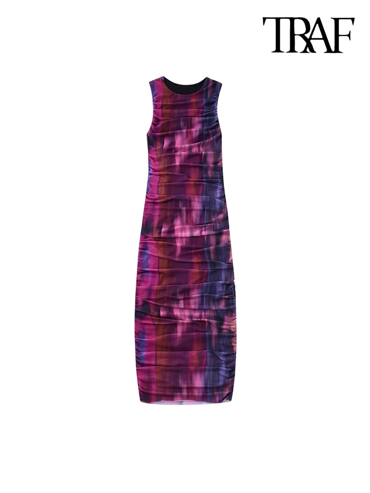 

TRAF Women Fashion Printed Ruched Tulle Midi Dress Vintage Sleeveless With Lining Female Dresses Vestidos Mujer