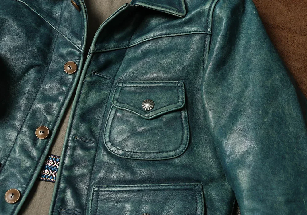 Blunt Razor Sky Blue Retro Distressed Leather Jacket RRL Style Men's Genuine Top Layer Cowhide Amikaki