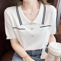 summer new knitted tops women short sleeve turn down neck casual knit t shirts femme loose patchwork fashion korean tees female