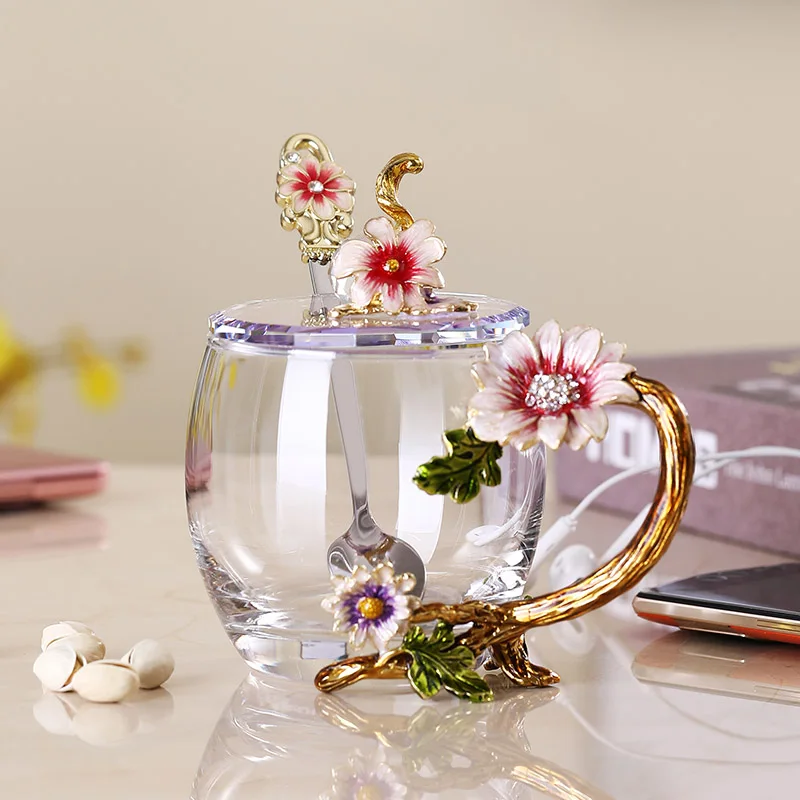 

High-grade Glass Drinkware Gift Couple Mug For Lover Wedding Hand-made Enamel Coffee Mug Crystal Cup Milk Lemon Flower Tea Cup