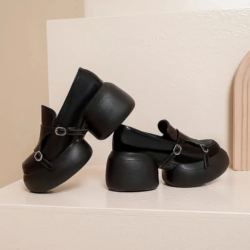 

Черные лоферы, Женская Платформа, дизайнерская ретро-обувь с круглым каблуком в японском стиле, искусственная кожа