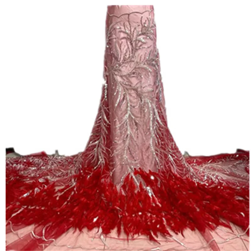 Very Beautiful New Style Feather Sequin Embroidery red French Lace Fabric Wholesale Price Nigeria Lace Garment Fabric FYU76
