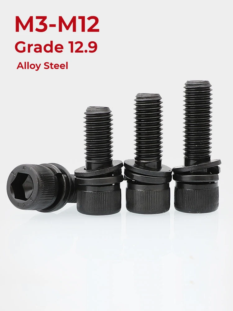 

M3 M4 M5 M6 M8 M10 M12 Black Grade 12.9 High Strength Hexagon Hex Socket Cup Head Screws Bolt with Gasket Spring Pad Allen Bolts