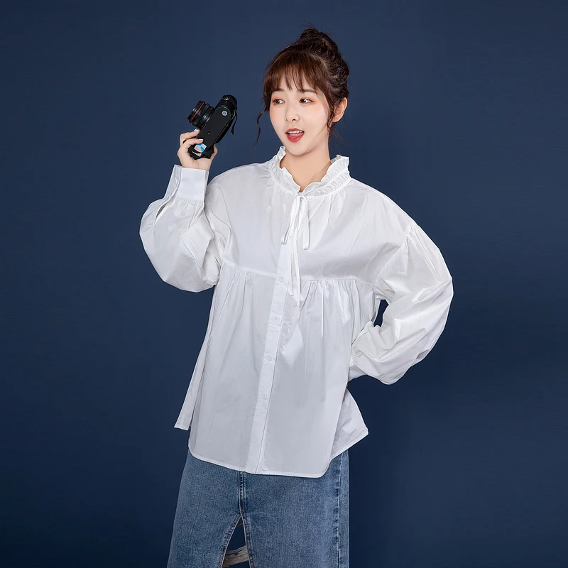 

Japanese style loose white blouse button up shirt women long sleeve lace up ruffles neck lolita blouses korean girls top clothes