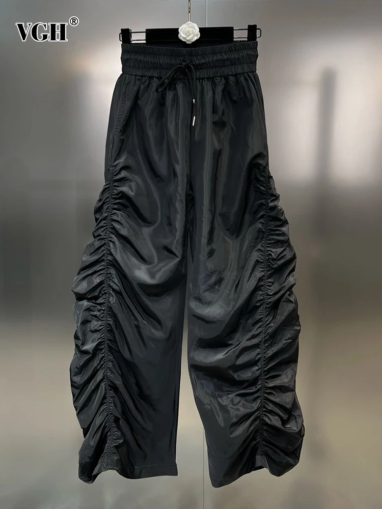 

VGH Folds Solid Wide Leg Pants For Women High Waist Loose Patchwork Drawstring Long Trousers Female Summer Clothing New Style
