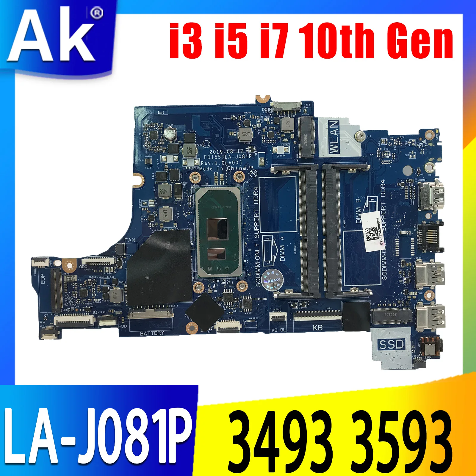

for DELL Inspiron 3493 3593 Laptop pc motherboard LA-J081P CN-047MF0 004C38 3DD3K mainboard w/ i3-1005G1 I5-1035G1 I7-1065G7 CPU