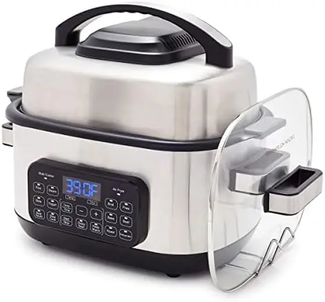 

Steel 13-in-1 Air Fryer Slow Cooker & Grill, Presets to Steam Saute Broil Bake and Cook Rice, Healthy Ceramic Nonstick and D