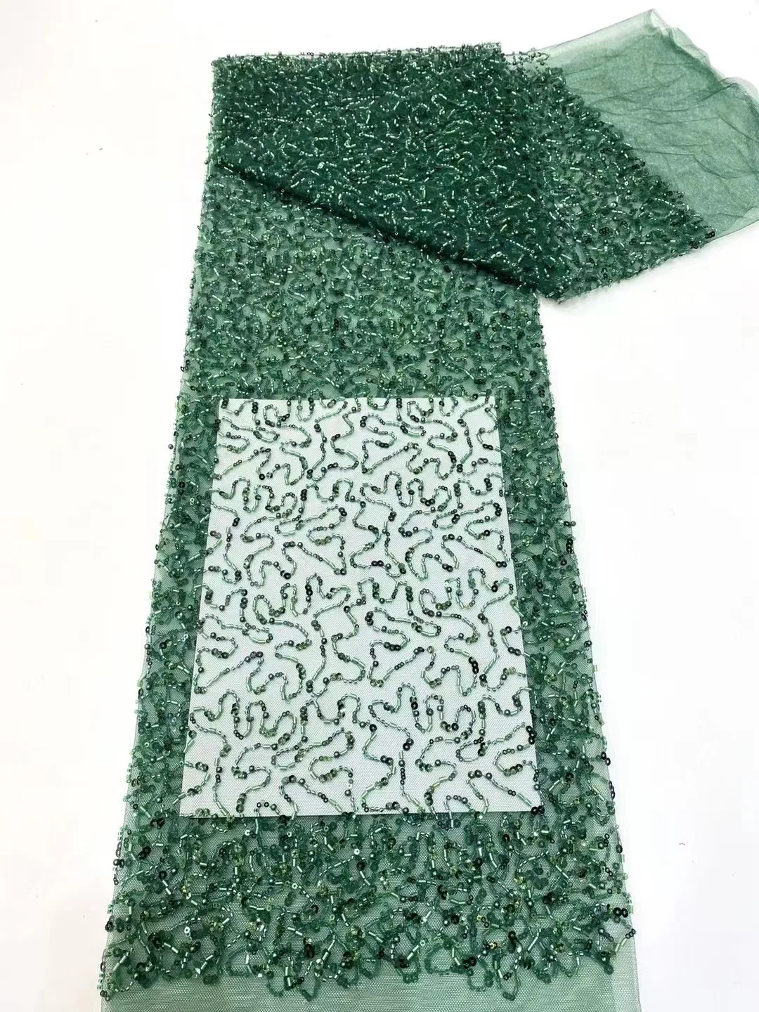

Nigerian French Lace Fabric 2023 High Quality Sequin Embroidered Luxurious Green Beaded Lace Fabric 5 Yards Wedding