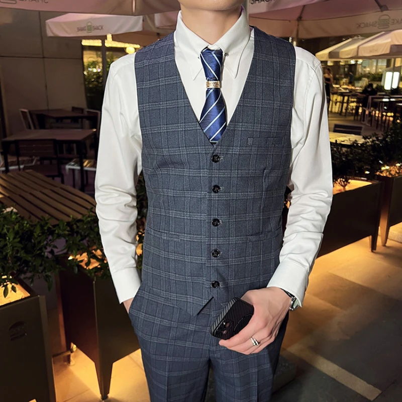 

British Style Fashion V-neck Plaid Business Slim Men's Small Vest Korean Style of Groom Best Male Single Breasted Mini Waistcoat