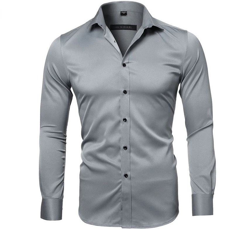 

Gray Elastic Bamboo Fiber Shirt Men Brand New Long Sleeve Mens Dress Shirts Non Iron Easy Care Business Work Chemise Homme XXL