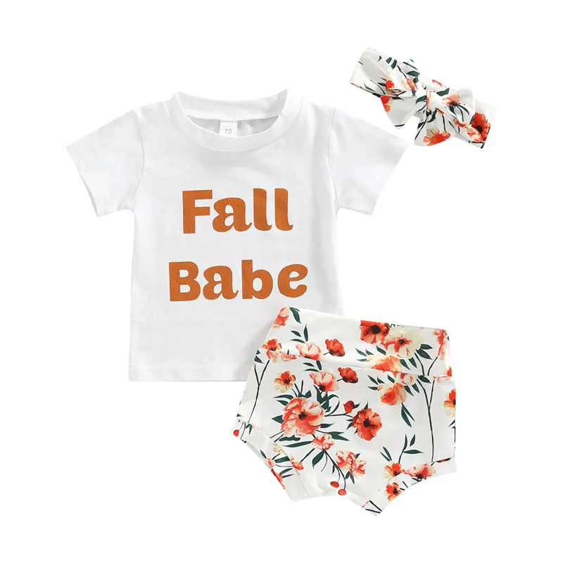 

Toddler Baby Girls Summer Clothes Suit Letter Print Short Sleeve Crew Neck T-shirt Tops + Flower Pattern Shorts + Headband
