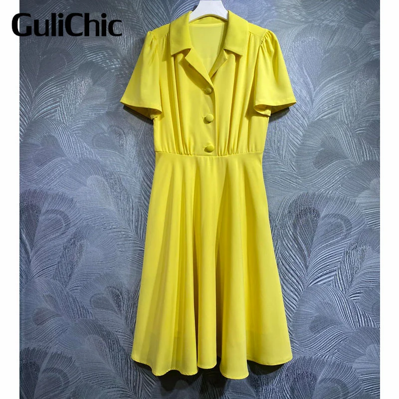 

7.29 GuliChic Women Elegant Fashion Solid Color Lapel Collar Short Sleeve Collect Waist Casual Comfortabl Midi Dress