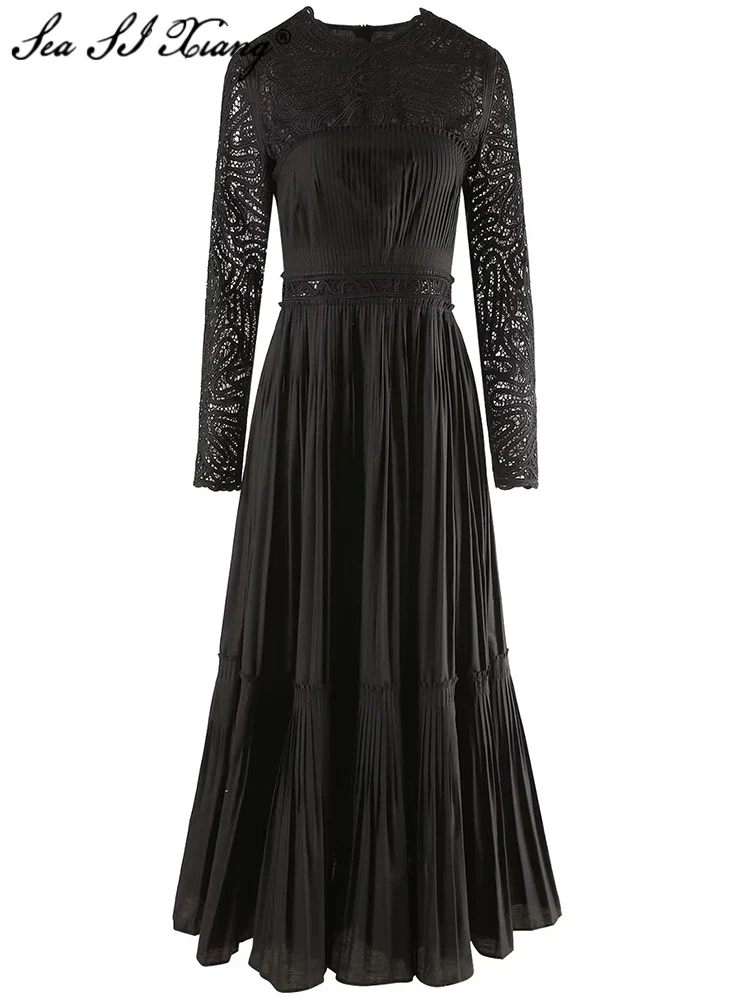 Seasixiang Fashion Designer Spring Summer Long Dress Women O-Neck Hollow Out Long Sleeve Black Vintage Party Pleated Dresses