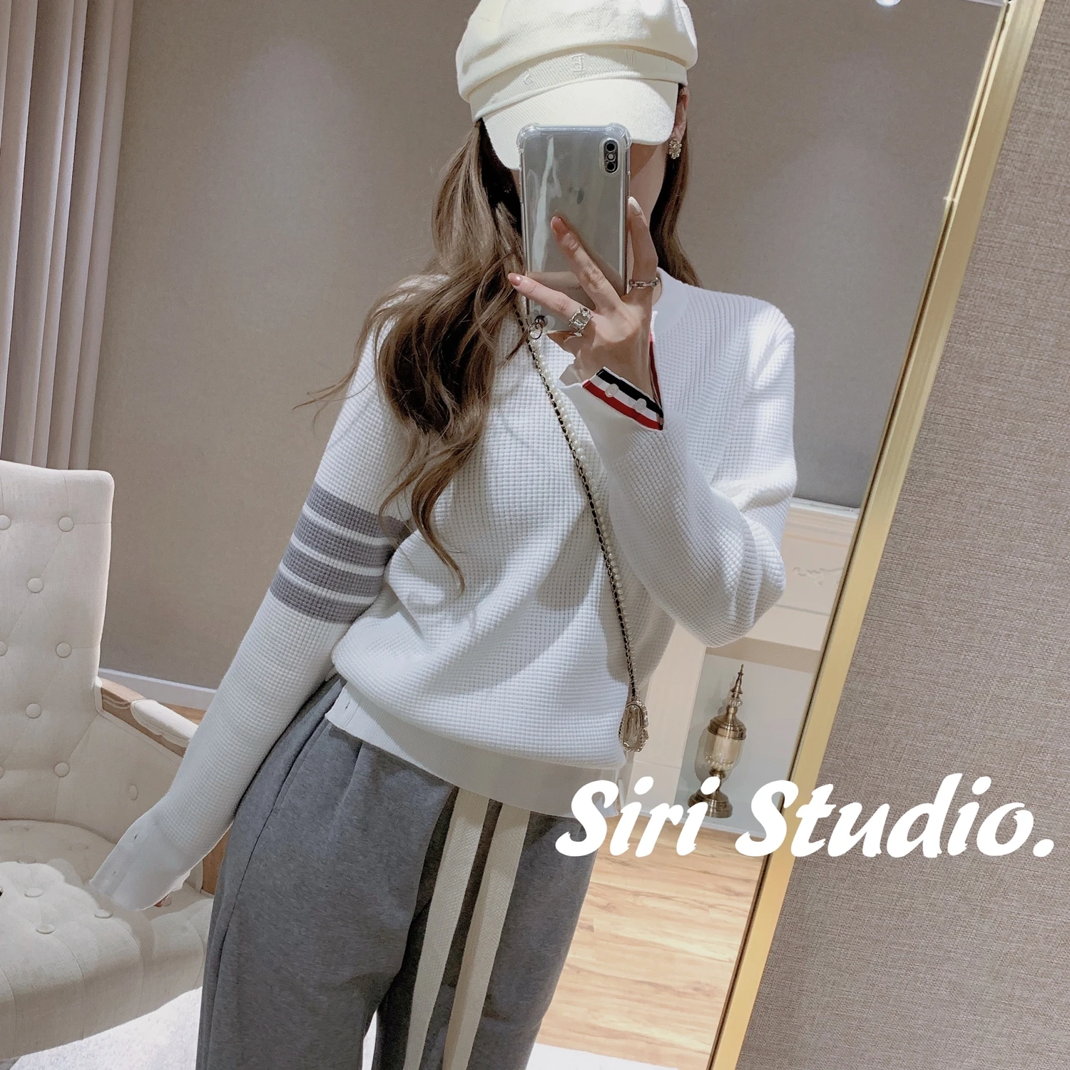 

TB Waffle Four Bars Round Neck Sweater Women Lazy Long-sleeved Loose and Thin Pullover Top