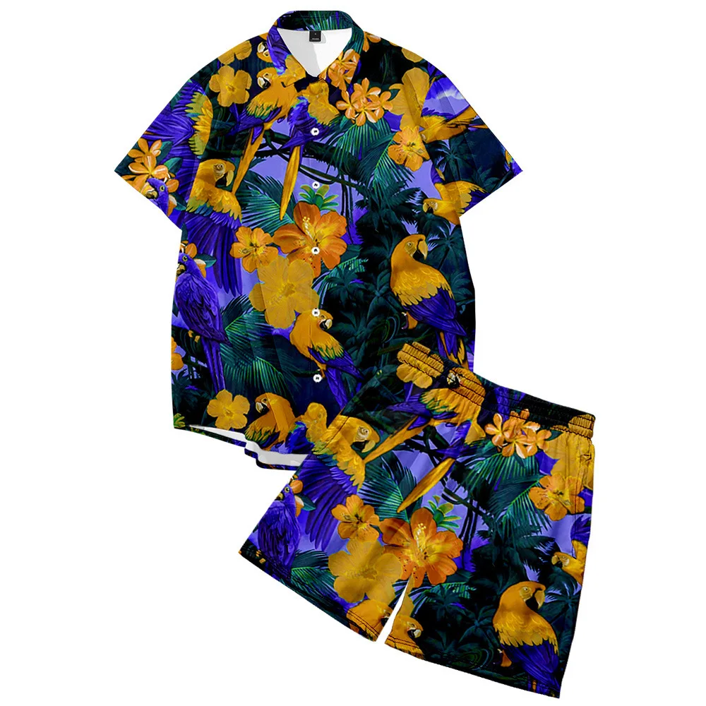 

Men's Short Sleeve Shirt Shorts Set Summer New Creative 3D Printing Animal Parrot Shirts Pants Hawaii Beach Vacation Clothes 6XL