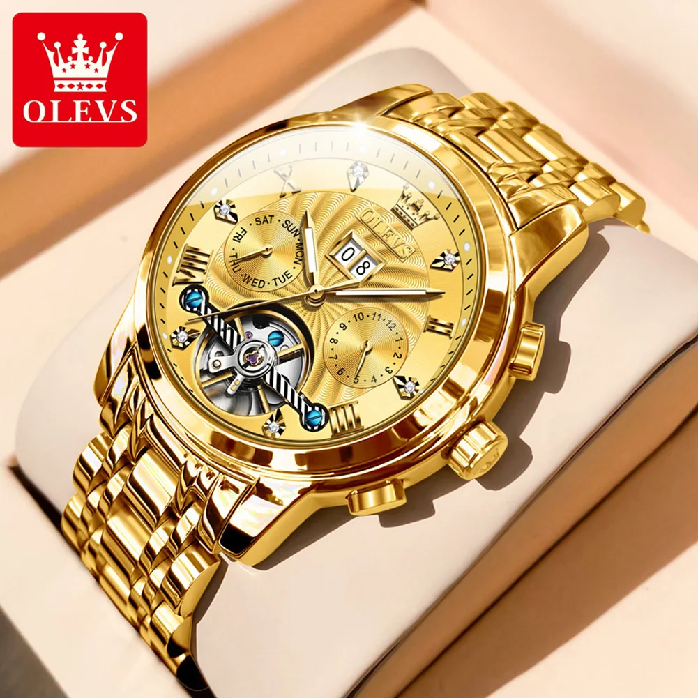 

OLEVS Gold Automatic Watch Men Stianless Steel Sports Luminous Waterproof Date Luxury Tourbillon Mechanical Watch Montre Homme