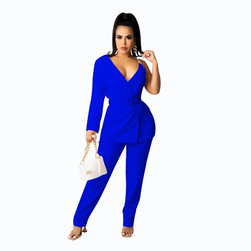 

2 Piece Set Single Sleeve Blazer Women's Sets Fashion Office Suit Solid Belt Suit Notched Long Sleeve Tops And Pant Trousers