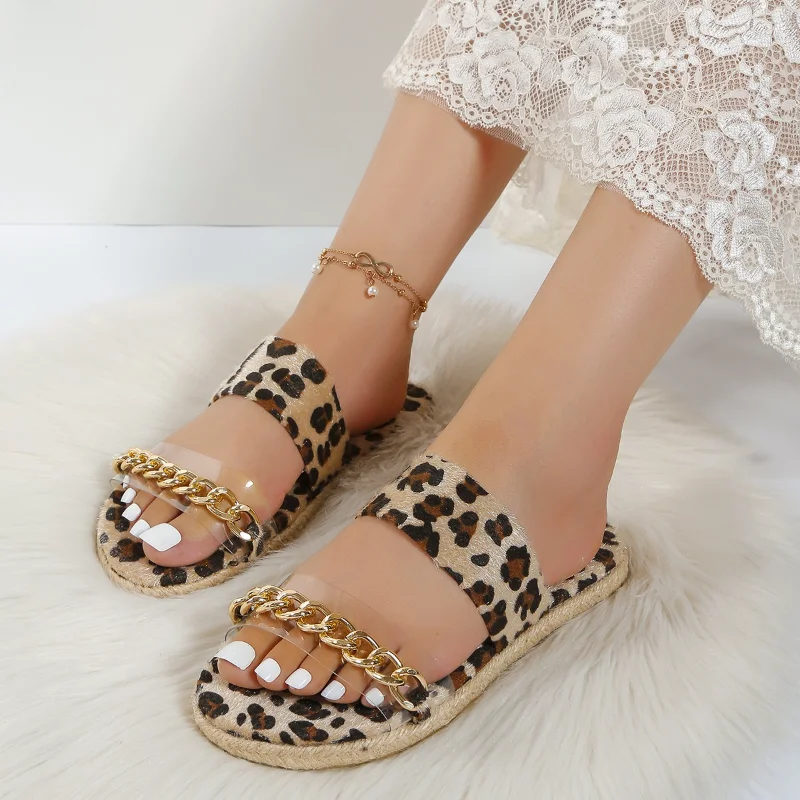 

New Women's Slippers 2023 Summer Footwear Fashion Leopard Print Slide Metal Chain Rome Shoes Female Casual Flats Size 42 Mujer