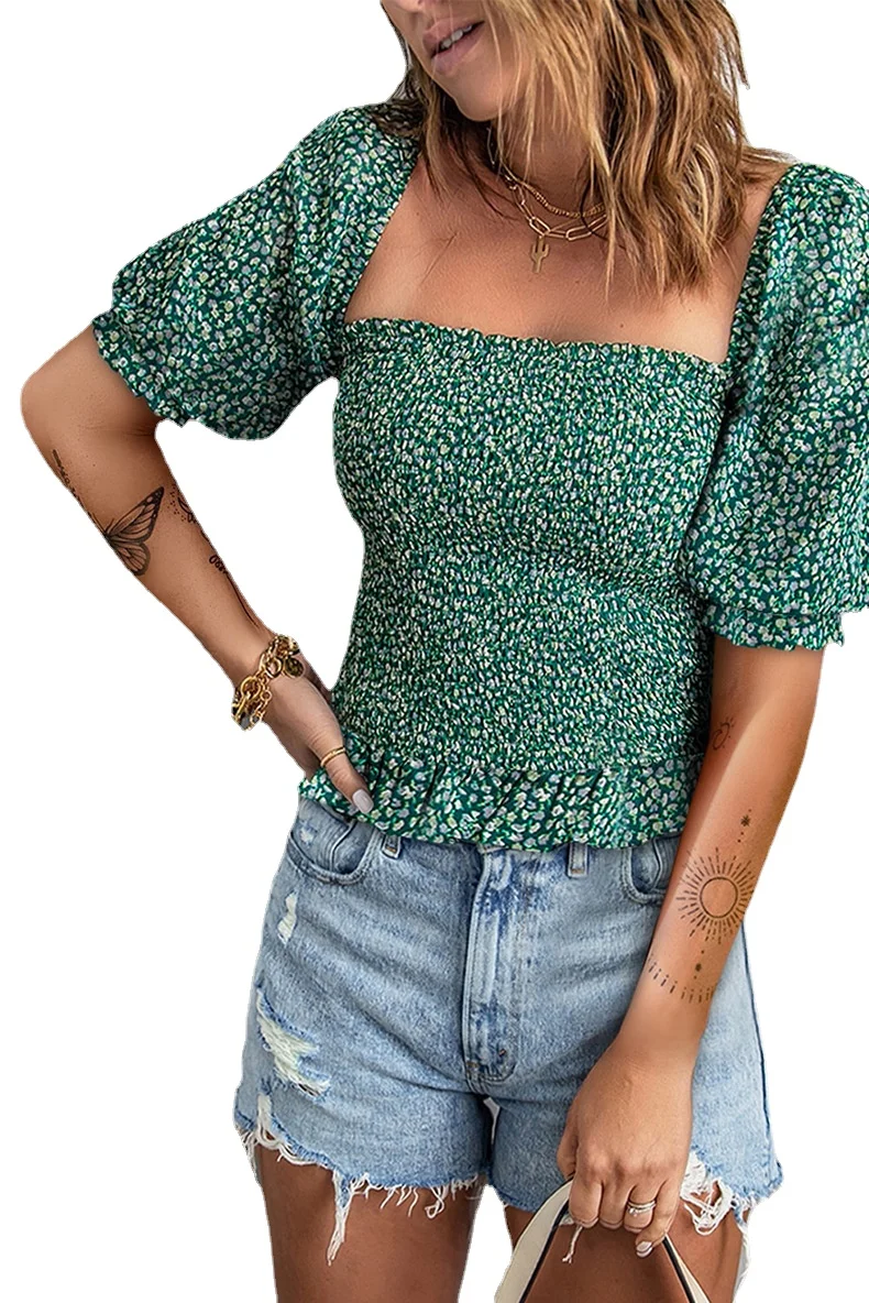 

Women Blouse Top Print Square Neck Slim Beach Casual Ladies Top Fashion Women Tops Lantern Sleeve Blouses