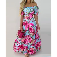 womens high waist rose flower large swing long dress elegant one shoulder puff sleeve hollow dress