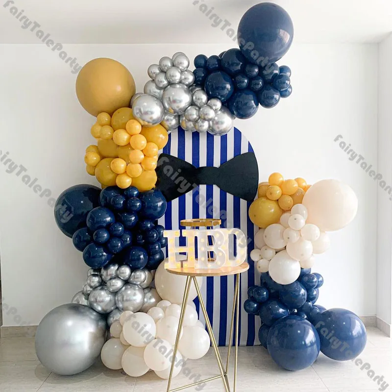 

179/109pcs Matte Navy Lemon Natural Sand Balloon Garland Chrome Silver Baby Shower Gender Reveal Birthday Party Balloon Chain