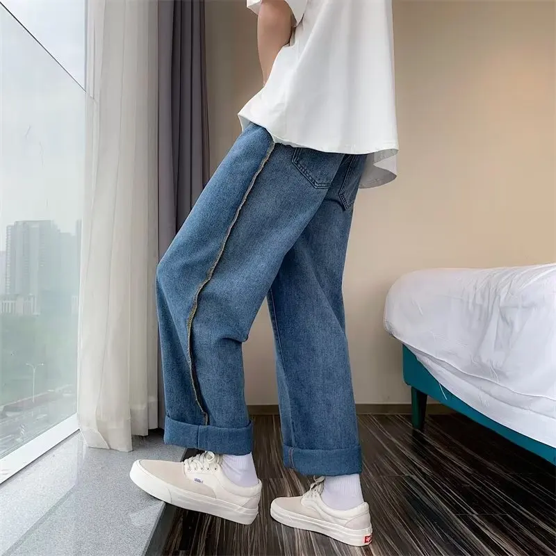 Mens Side Striped Fashion Jeans Blue Drawstring All-match Trousers Korean Style Streetwear Loose Wide-leg Pants