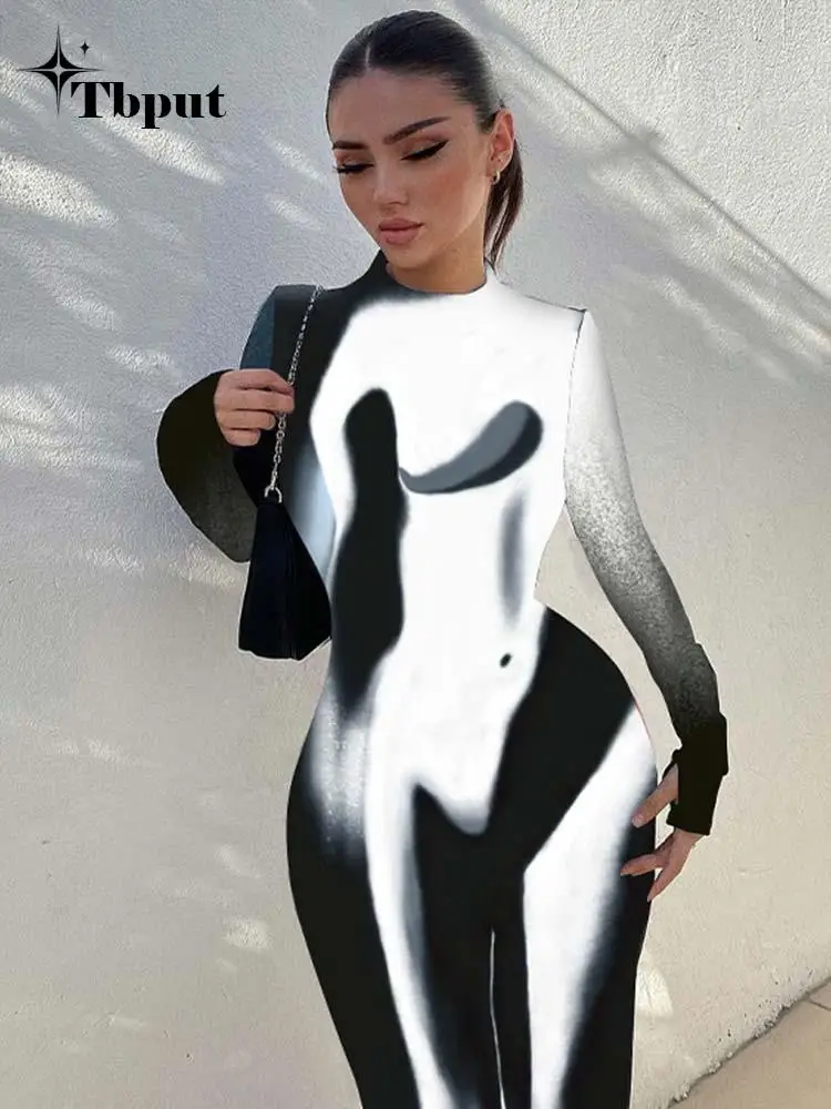 

Women Sexy Back Zipper Printed Slim Dress Female Geometric O-Neck Full Sleeve Dress 2023 New Spring Summer Fashion Streetwear