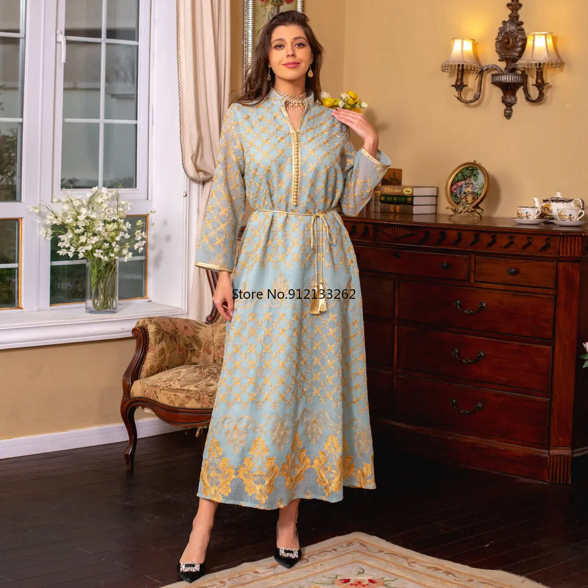 2023 Spring Summer Muslim Fashion Women Long Sleeve V-neck Polyester Embroidery Long Abaya Muslim Dress  Abayas for Women