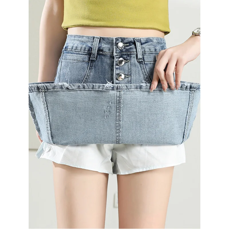 

Summer stretch denim skirt anti-glare A-line short skirt hakama skirt split bag hip skirt tide high waist skirt 2023
